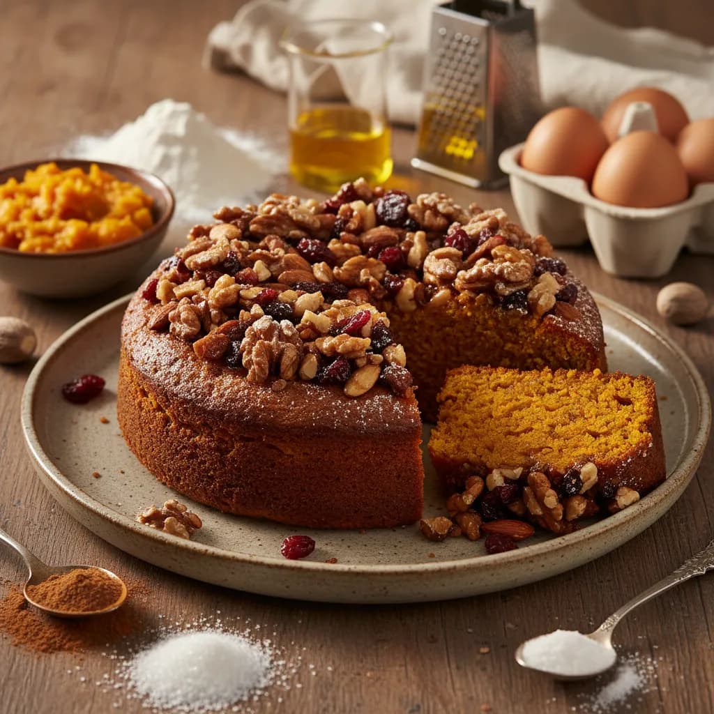 Bolo de Abóbora com Cobertura de Frutos Secos