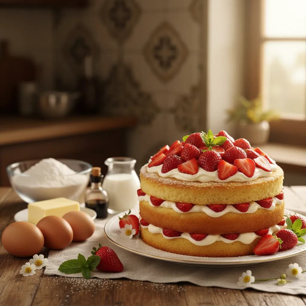 Bolo de Baunilha com Recheio e Cobertura de Morango