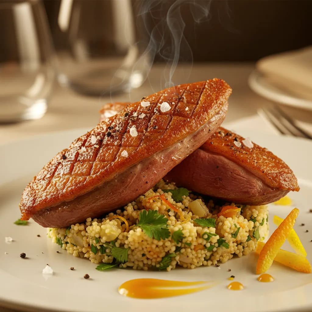 Magret de Pato Crocante com Couscous de Ervas e Citrinos
