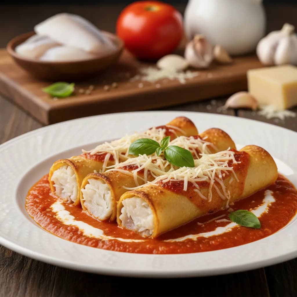 Canelloni de Pescada com Molho de Tomate e Natas