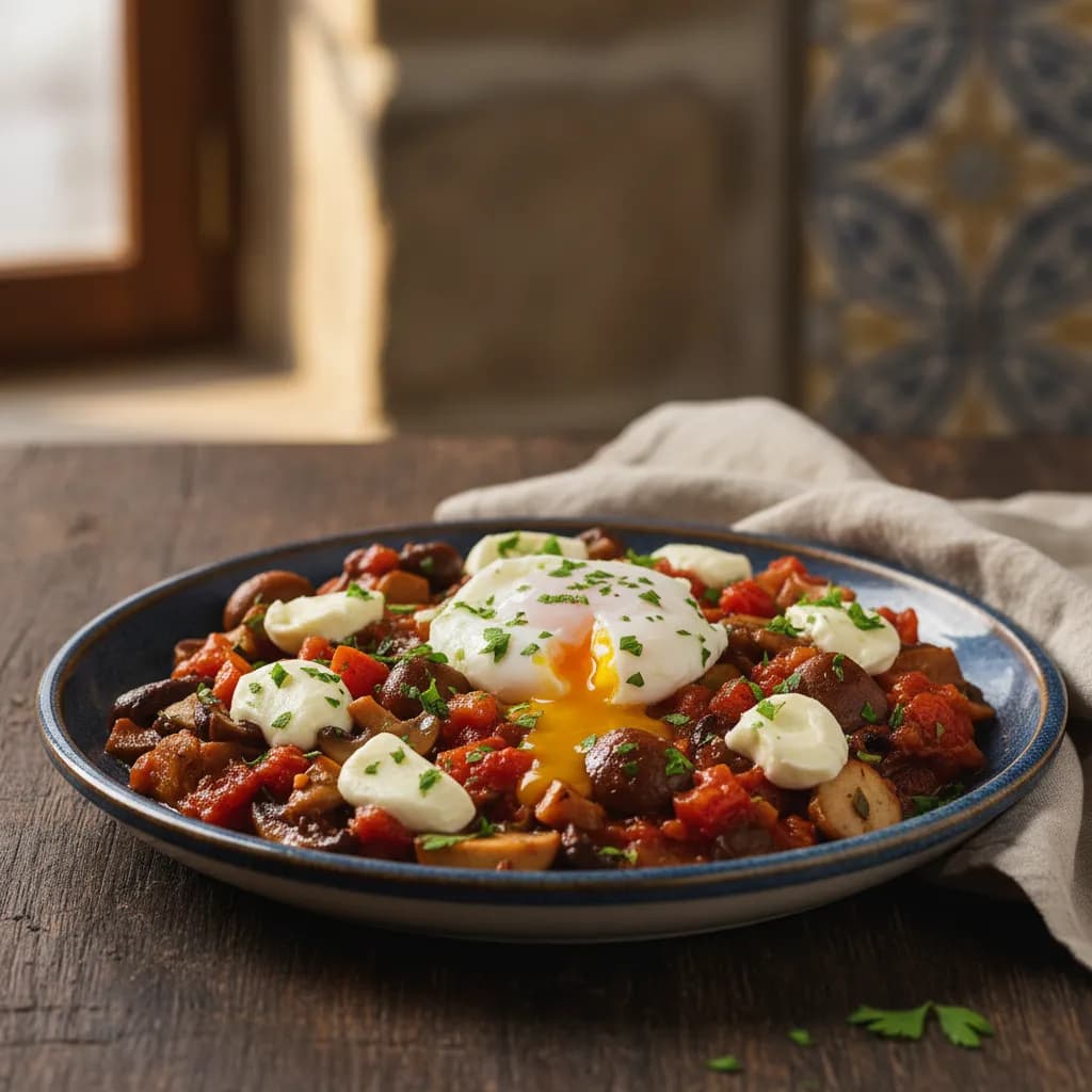 Estufado de Cogumelos, Tomate e Mozzarella com Ovo Escalfado