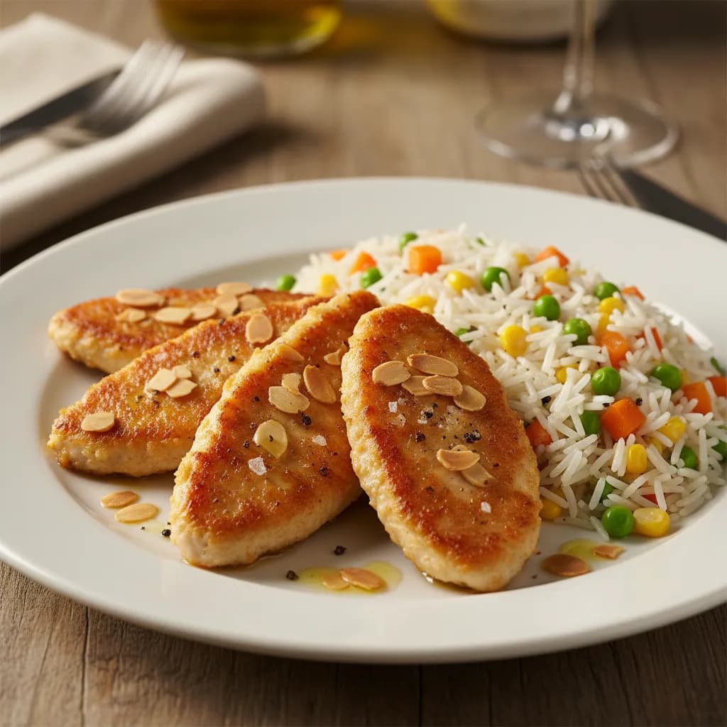 Bifes de Frango com Amêndoa e Arroz Primavera