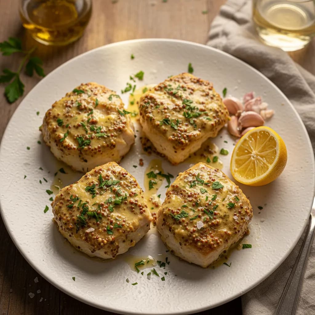 Medalhões de Maruca no Forno com Mostarda e Salsa