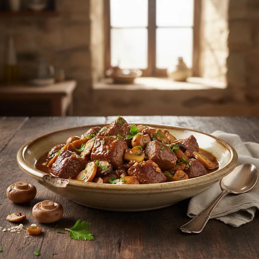 Vitela Estufada com Cerveja e Cogumelos (Receita Rápida)