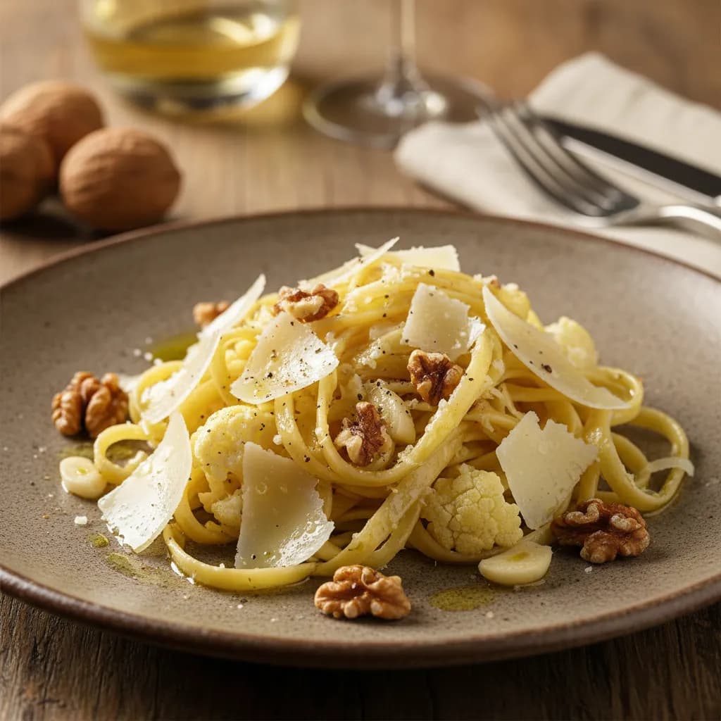 Tagliatelle de Couve-Flor com Nozes e Queijo Parmesão